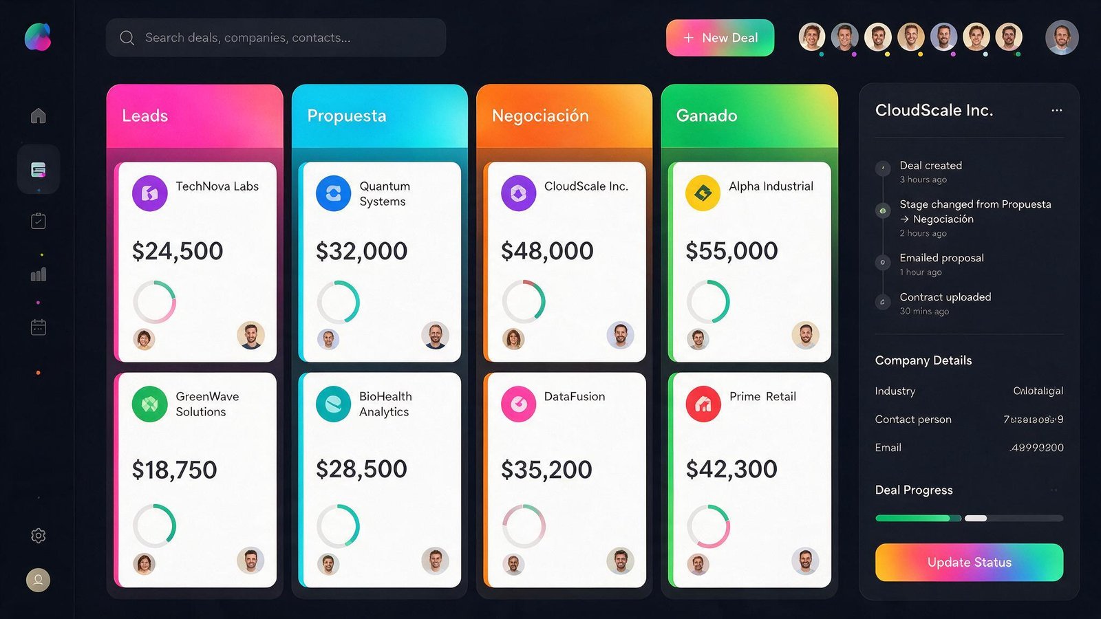 CRM visual con pipeline kanban — gestión de negocios y contactos