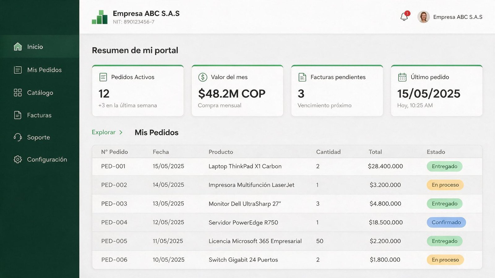 Portal B2B empresarial — gestión de pedidos y facturas